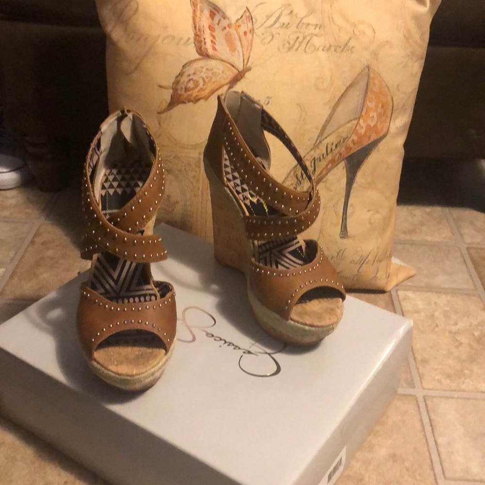 JS dark tan wedge sandals